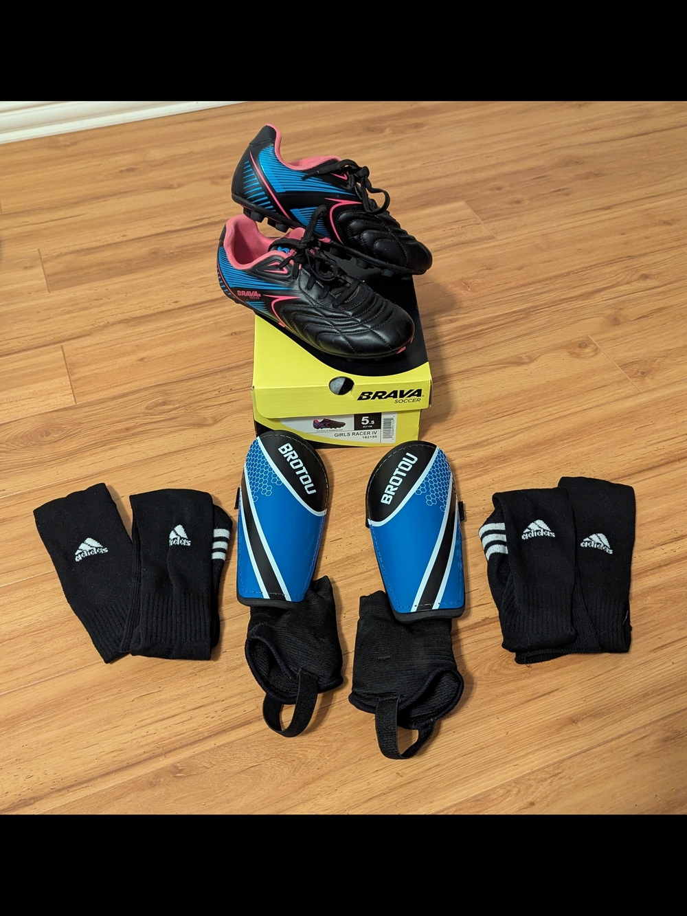 Brava Kids Soccer Cleats, Blue Brotou Shin Guards, 2 Pair Black Adidas Socks